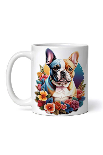 OEM Εξατομικευμένη λευκή κούπα, Γαλλικό Μπουλντόγκ με λουλούδια, INOVATIX®. 3...