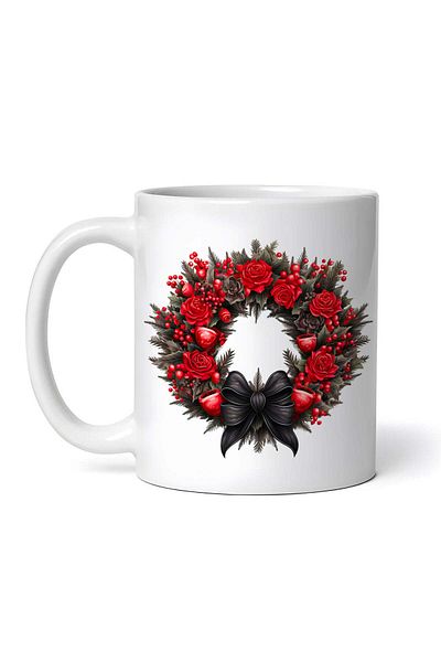 OEM Personalized white mug, Christmas wreath with red flowers and black bow, INOVATIX®. 330ml