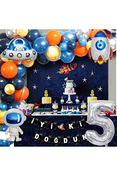 Patladı Gitti Space Themed Birthday Set 5 Years Old; 4 Foil, 56 Latex Balloons, Banner, Balloon Chain, Balloon Tape
