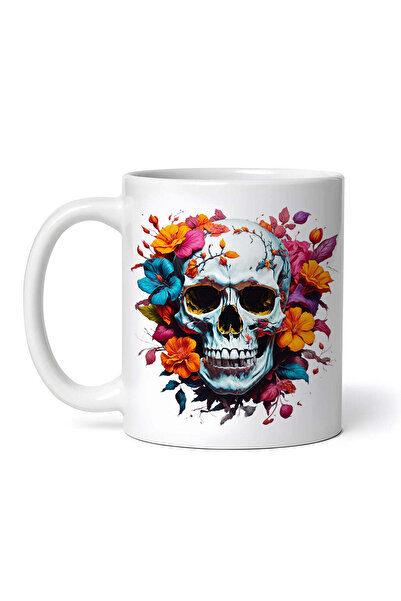 OEM Cană albă personalizată, craniu cu flori, Inovatix®. 330 ml