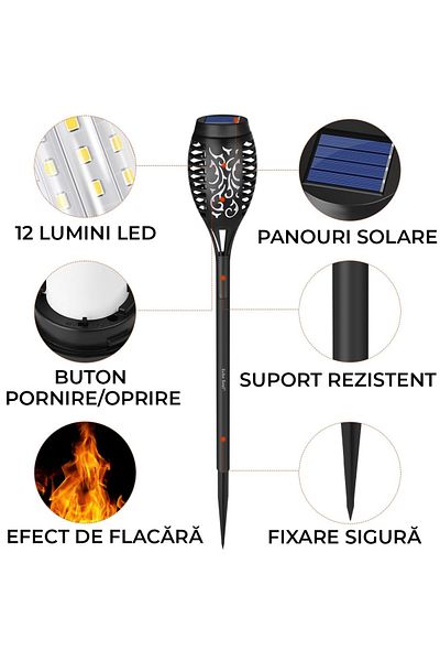 Echo Soul Set de 12 Lampi Solare pentru Exterior Echo Soul®, Rezistente la Intemperii, Design cu Flacara