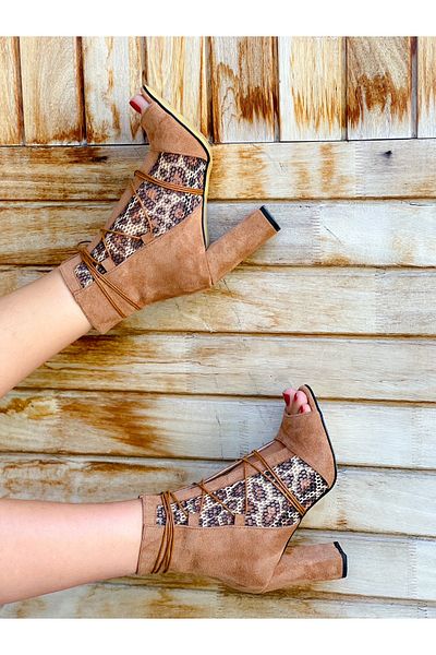 irmona Happy Tan Calf Suede Leopard Mesh Detailed Drawstring Summer Heeled Boots Bottie