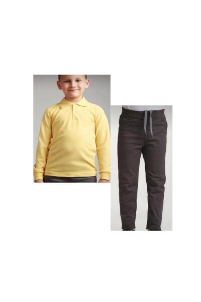 BAGİSTA BUTİK بنطلون بناتي ولادي بخصر مضلع مدخن، أصفر، أكمام طويلة، ياقة بولو...