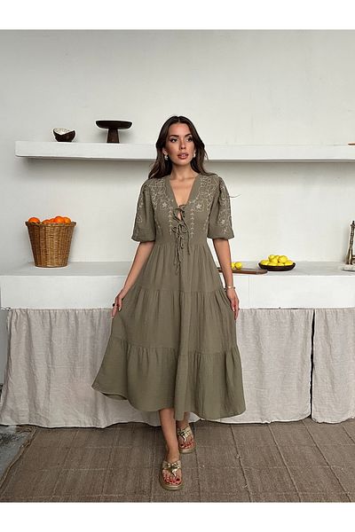 Lusin Women's Khaki Lined V-Neck Stylish Patterned Muslin Fabric Short Sleeve Dress