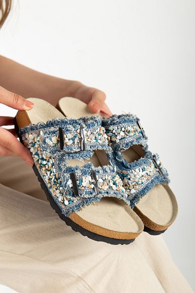 Reyonda ayakkabı Women's Natural Stone Blue Denim Double Buckle Sea Stone Orthopedic Slippers
