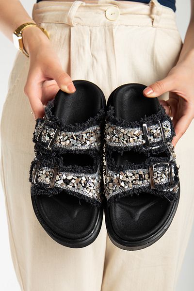 Reyonda ayakkabı Women's Natural Stone High Sole Black Denim Double Buckle Natural Stone Orthopedic Slippers