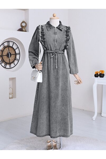 HİJABAYA Ruffled waist pleated denim dress