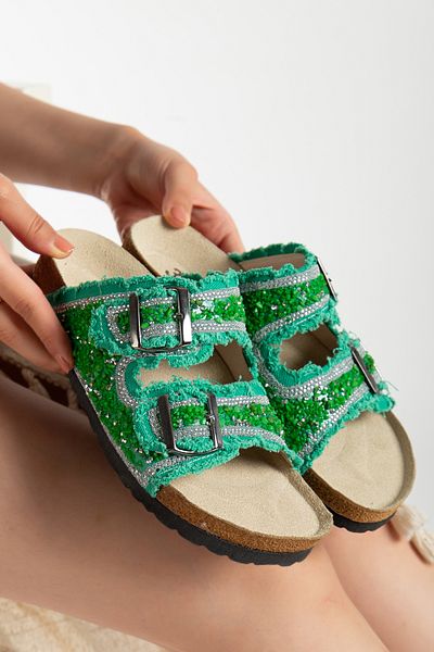 Reyonda ayakkabı Women's Natural Stone Green Denim Double Buckle Sea Stone Orthopedic Slippers