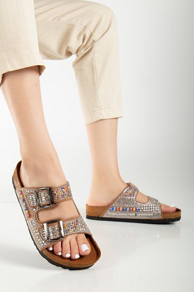 Reyonda ayakkabı Women's Natural Stone Beaded Tan Double Buckle Orthopedic Slippers