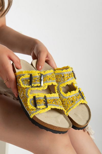 Reyonda ayakkabı Women's Natural Stone Yellow Denim Double Buckle Sea Stone Orthopedic Slippers