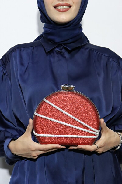 BUKAWEAR Women's Red Glitter Silver Striped Flask Model Evening Dress Bag