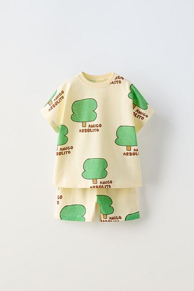 Magu Unisex Children's Cotton Yellow Tree Patterned T-Shirt and Shorts Set – Summer Set of 2