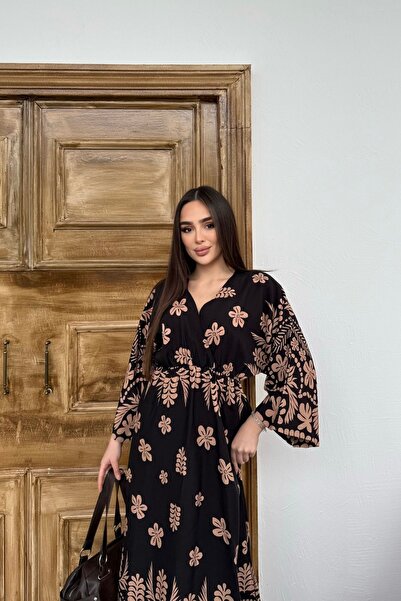 Mezka Çiçek Desenli Siyah Uzun Kollu Elbise