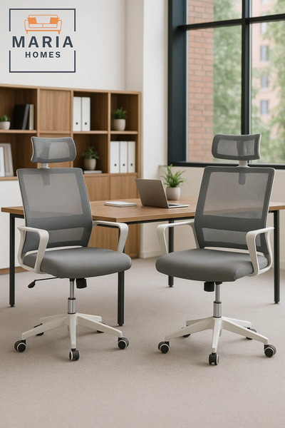 MARIA HOMES White Grey Mesh Office Chair with Headrest and Adjustable Height – Stylish Seating for Any Space