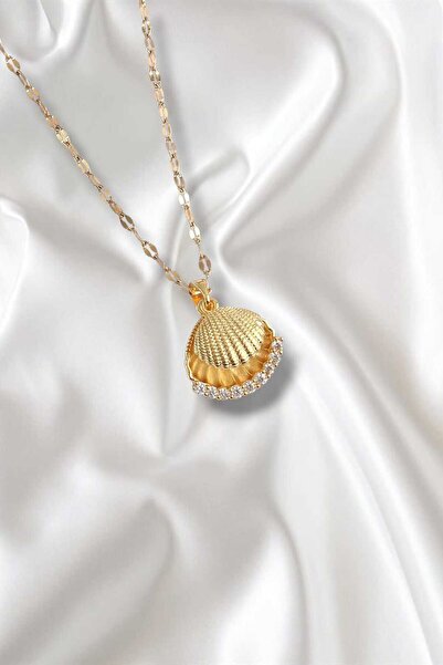 REBORN DESIGN قلادة محارية من الفولاذ 316L باللون الذهبي مع لؤلؤ وحجر الزركون