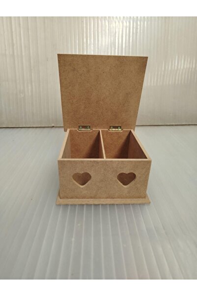 BAYRAMPASAHOBİM Ham Ahşap 2 Gözlü Kalpli Çaylık Kutu