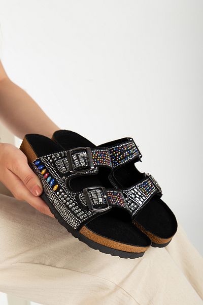 Reyonda ayakkabı Women's Natural Stone Beaded Black Double Buckle Orthopedic Slippers