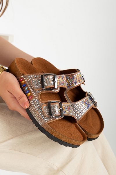 Reyonda ayakkabı Women's Natural Stone Beaded Tan Double Buckle Orthopedic Slippers