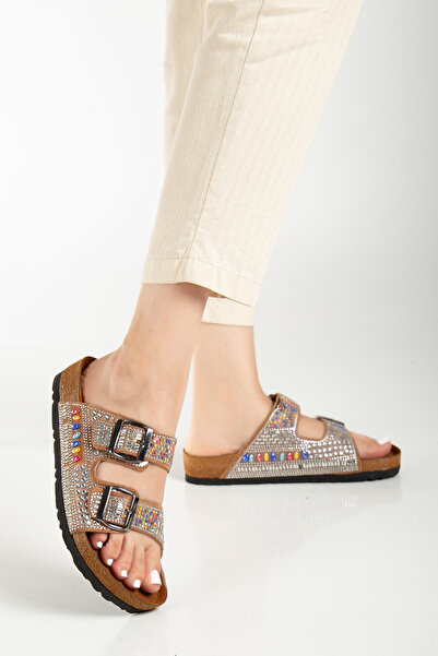 Reyonda ayakkabı Women's Natural Stone Beaded Tan Double Buckle Orthopedic Slippers