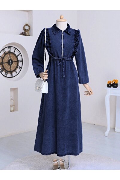 HİJABAYA Ruffled waist pleated denim dress