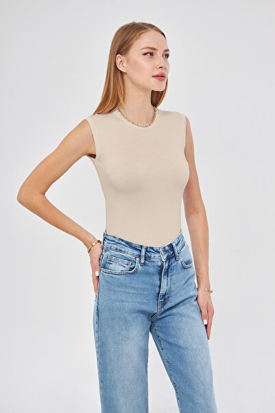 studio fashion 1988 Kadın Siyah Bisiklet Yaka Sıfır Kol Premium Kumaş Viskon Likralı Body