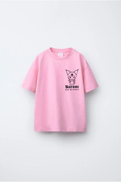 Magu Girl's Cotton Pink Kuromi Printed T-Shirt – Short Sleeve Casual Top