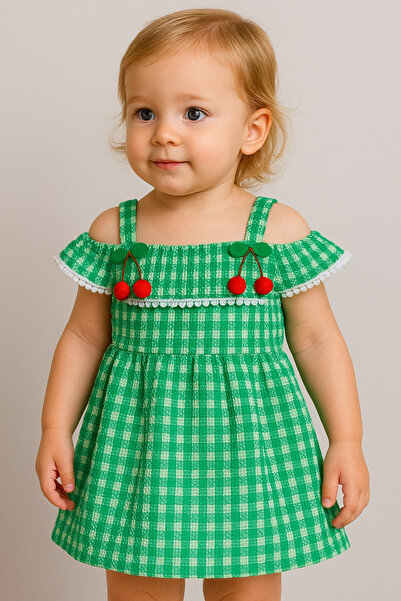 MiniStand Kiraz Aksesuarlı Pötikare Desenli Kız Bebek Elbisesi