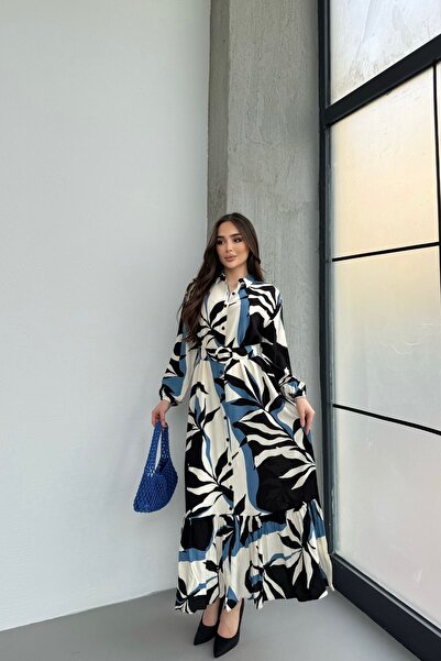 Mezka Kadın Siyah Mavi Desenli Uzun Kol, Kemerli, Uzun Viskon Gömlek Elbise