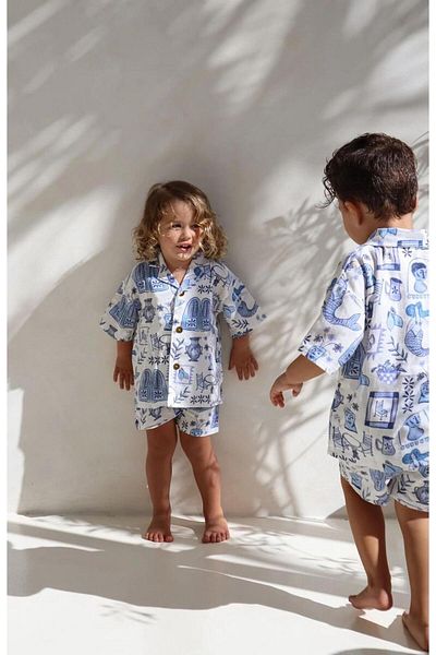 Magu Boy's Cotton White Blue Patterned Shirt Shorts Set - Short Sleeve