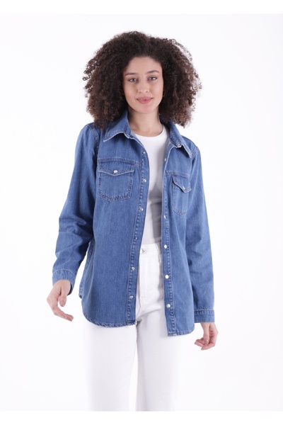 RICHMOST Klasik Yakalı Uzun Kollu Çıtçıt Kapama Detaylı Kadın Kot Gömlek Orta...