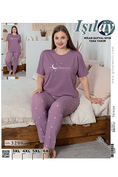 Işılay Milan Fabric High Piremium Quality Large Size Zero Collar Oversize Short Sleeve Pajama Set