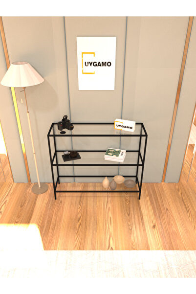 UYGAMO Ardin Metal Dresuar Dekoratif Çok Raflı Kahve Köşesi Konsol Siyah Şeff...