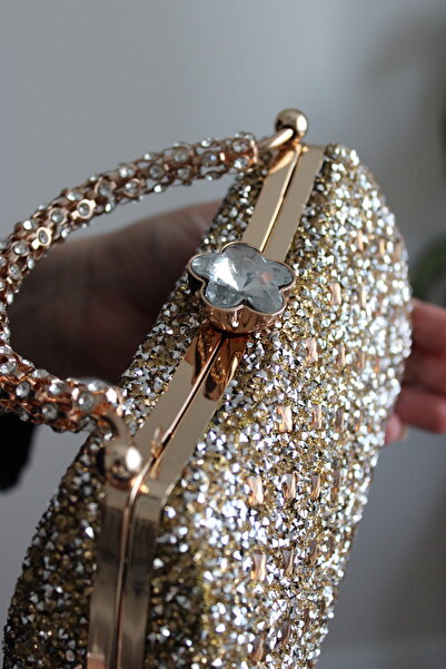 Mimoza Double Sided Sparkling Evening Dress Bag with Flower Buckle and Carved Stone Handle