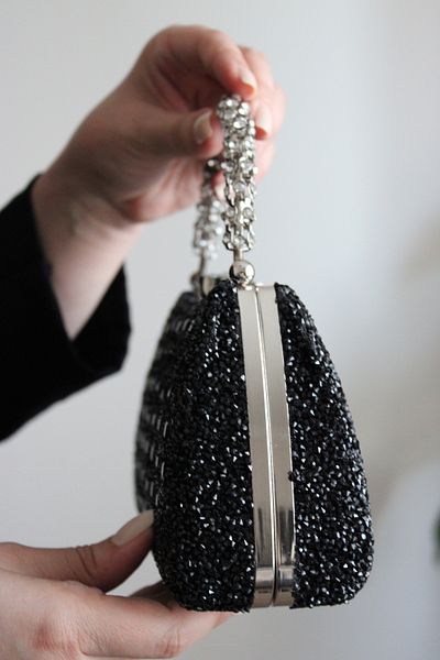 Mimoza Double Sided Sparkling Evening Dress Bag with Flower Buckle and Carved Stone Handle