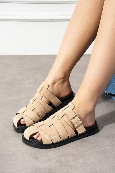 DESPİNA Women's Camel Suede Buckle Knitted Strap Slippers |   Comfortable Sole Daily Summer Slippers