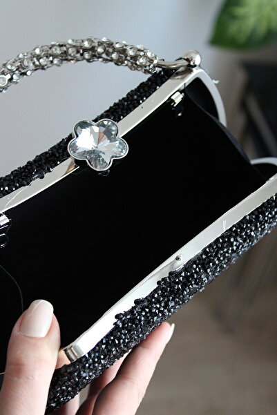 Mimoza Double Sided Sparkling Evening Dress Bag with Flower Buckle and Carved Stone Handle