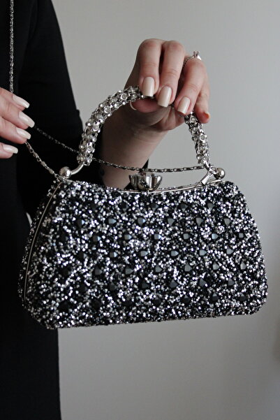 Mimoza Double Sided Sparkling Evening Dress Bag with Flower Buckle and Carved Stone Handle