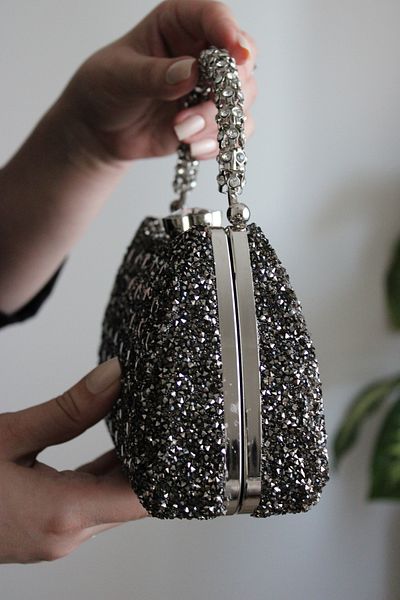Mimoza Double Sided Sparkling Evening Dress Bag with Flower Buckle and Carved Stone Handle