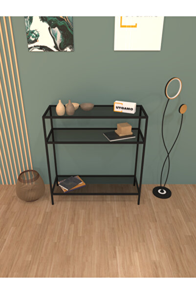 UYGAMO Risu Metal Dresuar Dekoratif Çok Raflı Kahve Köşesi Konsol Siyah Füme Cam