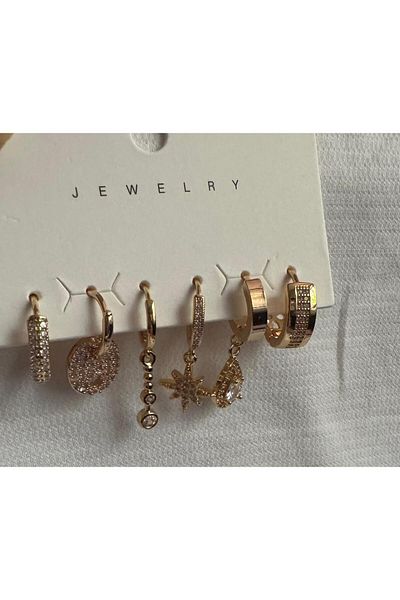 demirosa Set of 6 Gold Color Earrings with Stones and Mixed Figures