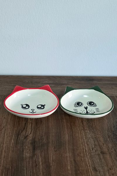 DodoJoy 2 Pieces Ceramic Food and Water Bowl with Cat Ears Pattern Inside Aesthetic Food Bowl Easy to Clean