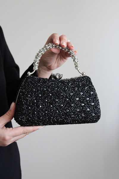 Mimoza Double Sided Sparkling Evening Dress Bag with Flower Buckle and Carved Stone Handle