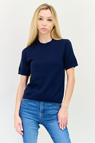 Esprit بلوزة نسائية محبوكة بأكمام قصيرة ورقبة دائرية، لون أزرق داكن