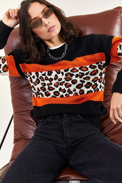 KURGAN TEKSTİL Women's Piece Patterned Crew Neck Knitwear Sweater