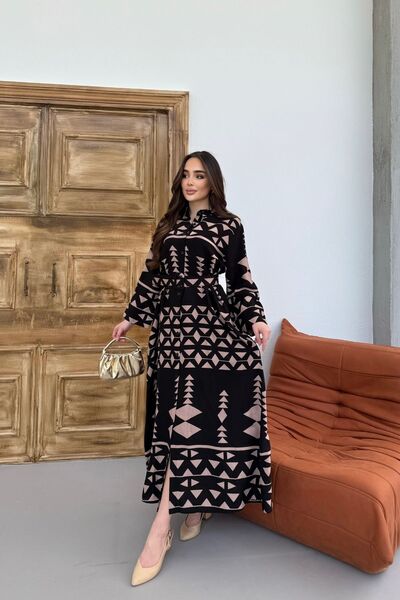 Mezka Kadın Etnik Desenli Kahve Uzun Kol, Kemerli Cepli, Uzun Viskon Gömlek Elbise