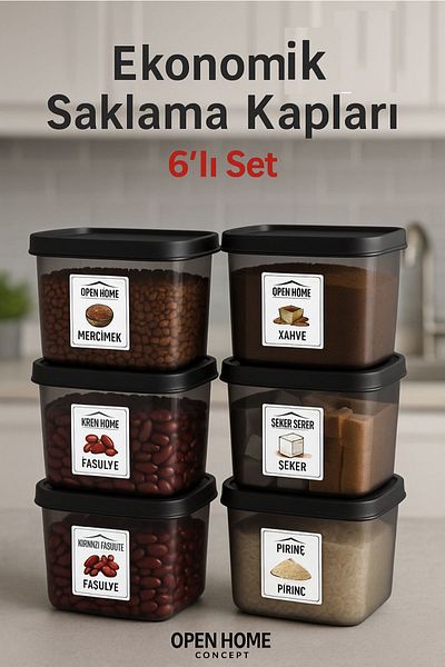 Open Home Concept Set of 6 Storage Containers – Anthracite Color, Practical and Stylish 550 ml
