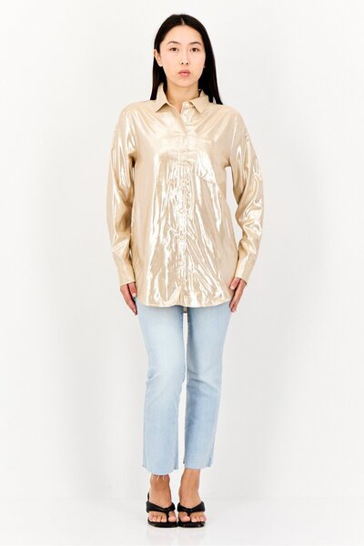 GAP Women Pointed Collar Long Sleeve Metallic Shirt, Gold