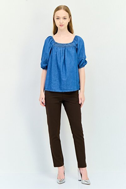 GAP Women Square Neck Puff Sleeve Washed Top, Blue