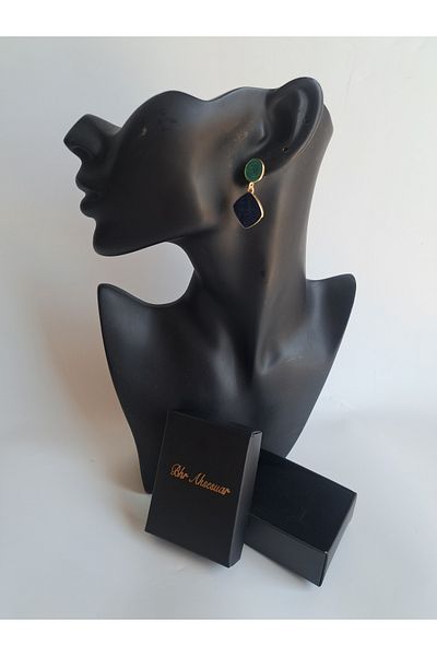 BHR AKSESUAR Navy Blue Pearled Square Circle Earrings