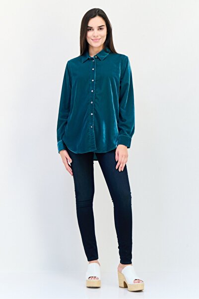 GAP Women Spread Collar Long Sleeve Velvet Shirt, Dark Green